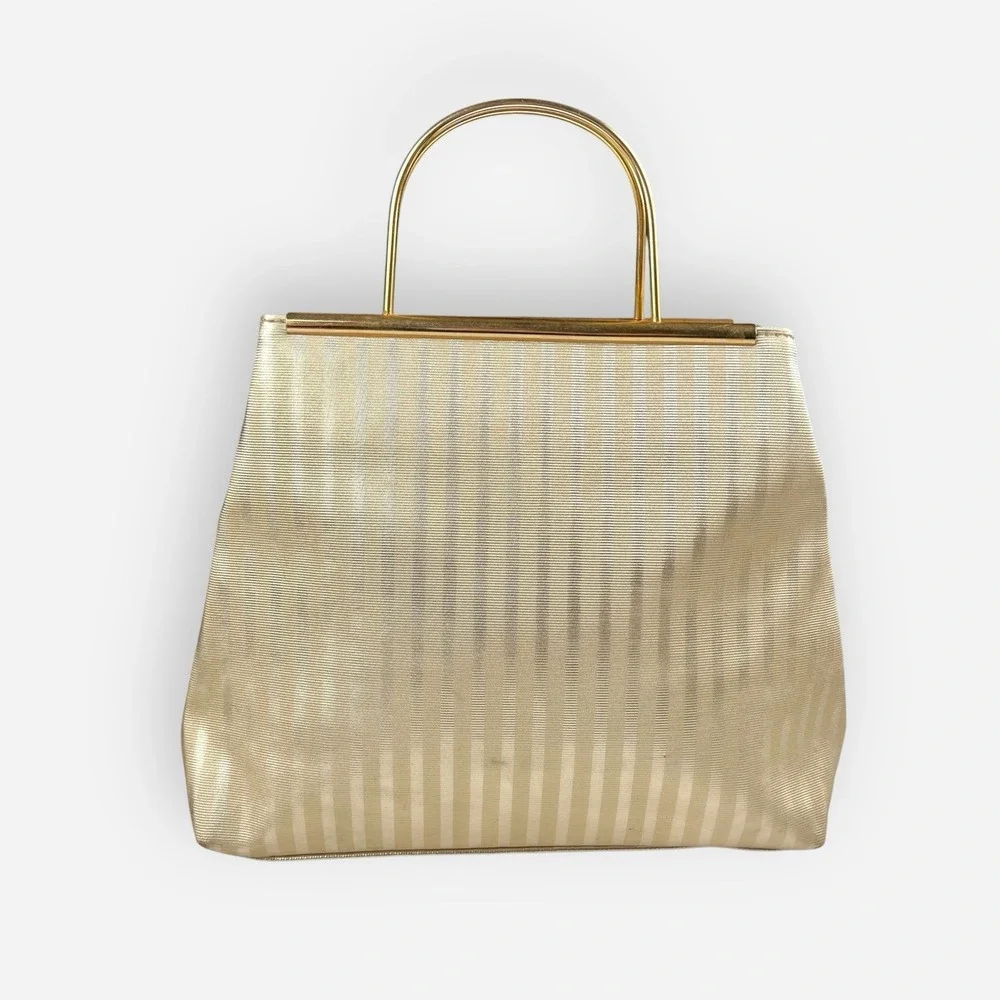 Vintage Gold Striped Evening Bag Clutch Womens Purse Metal‎ Handles